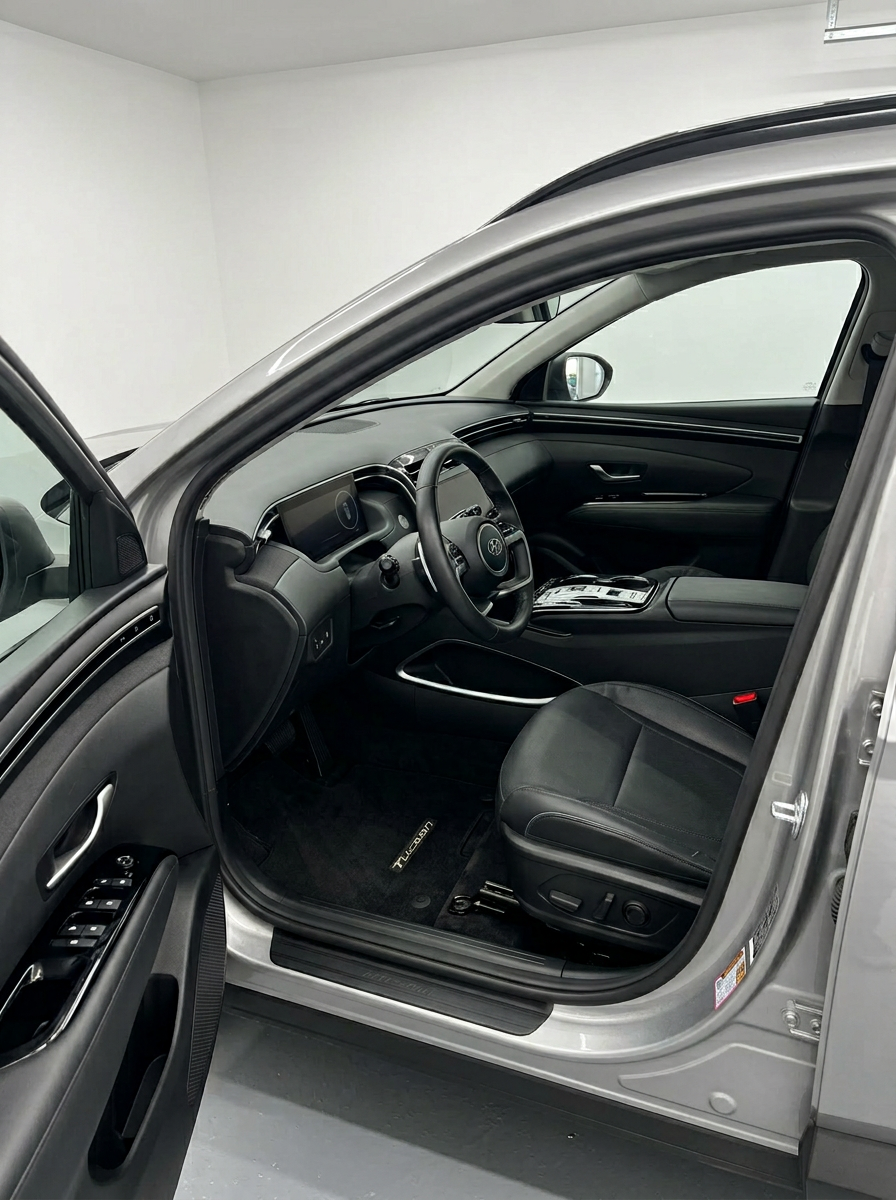 Cinematic shot of a freshly detailed car interior with TnT Detailing logo on the steering wheel